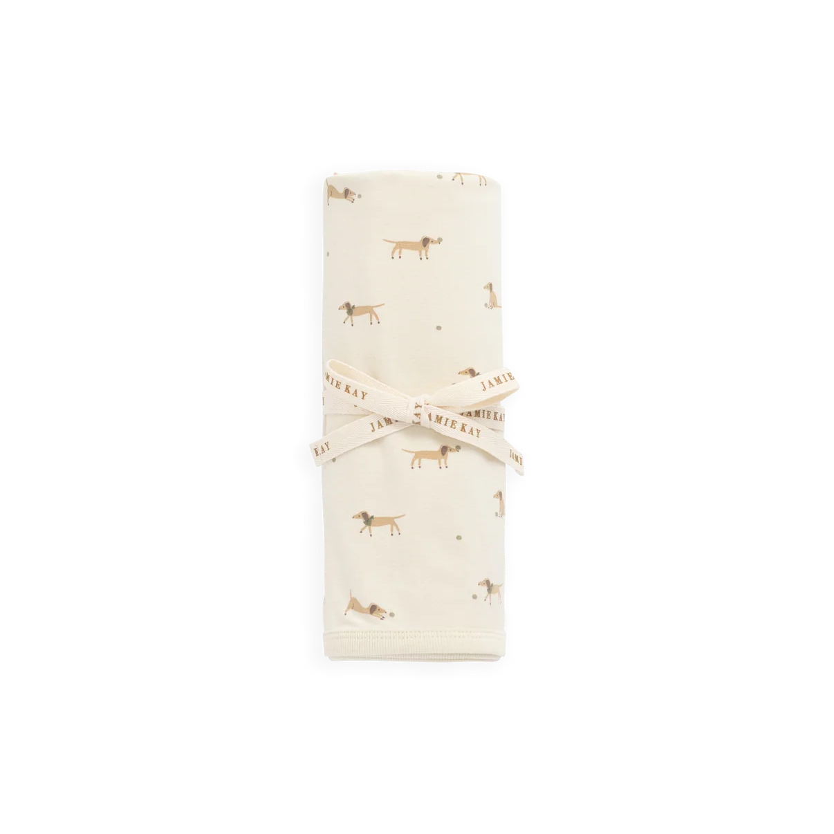 Folded fabric with small dog pattern on a white background