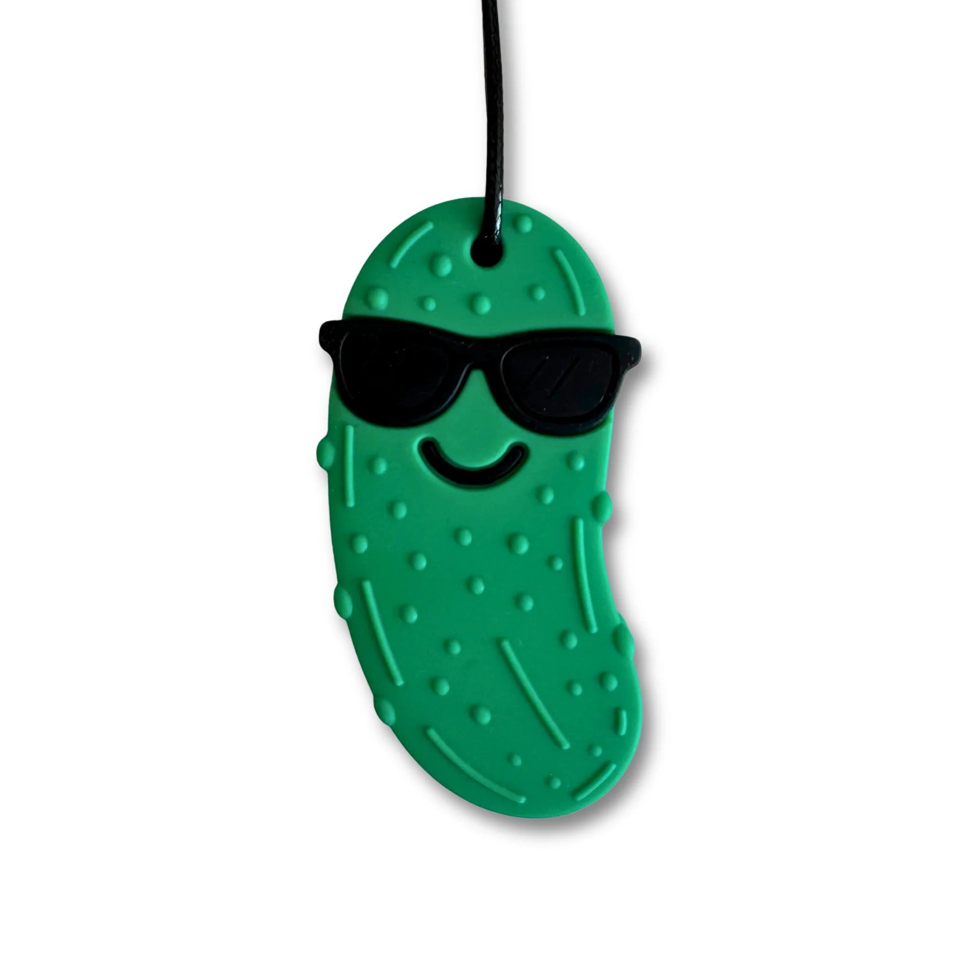 Green pickle-shaped keychain with sunglasses on a white background