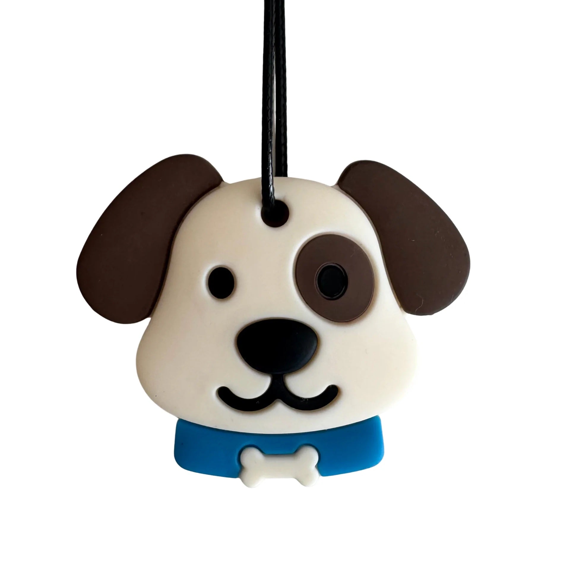 Dog-shaped keychain with a blue collar on a white background