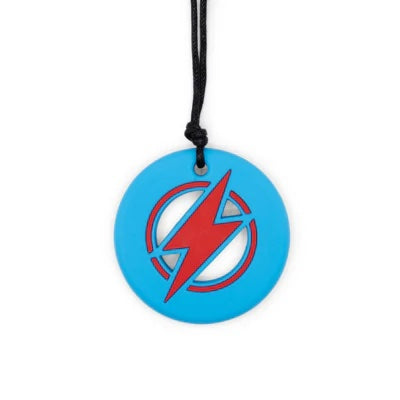 Blue pendant with red lightning bolt design on a white background