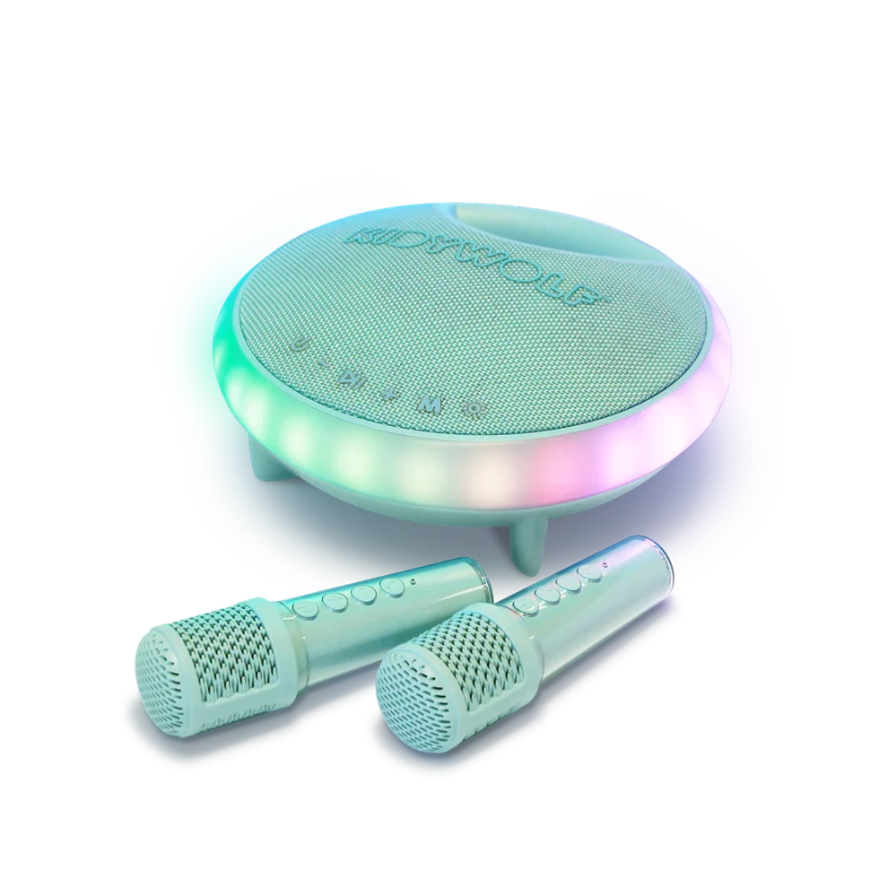 A mint green round karaoke speaker with colorful LED lighting and two matching microphones on a clean white background.