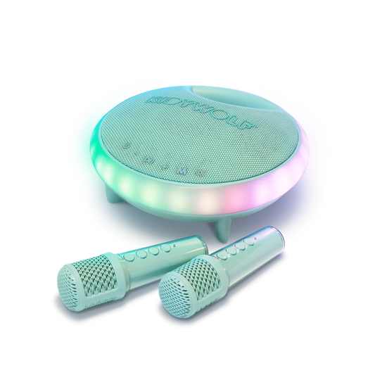 A mint green round karaoke speaker with colorful LED lighting and two matching microphones on a clean white background.