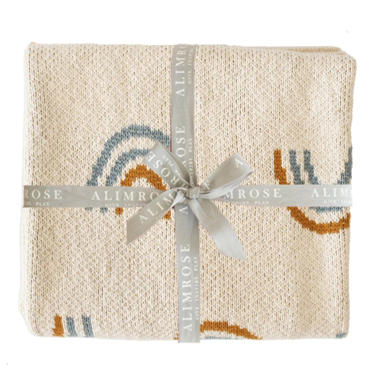 Baby blanket with rainbow design and Alimrose branding, wrapped with a ribbon.
