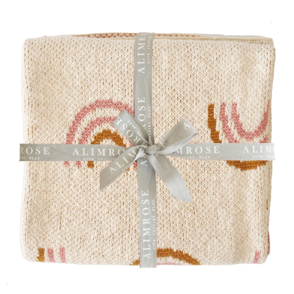 Textured fabric with rainbow pattern and Alimrose branding on a white background