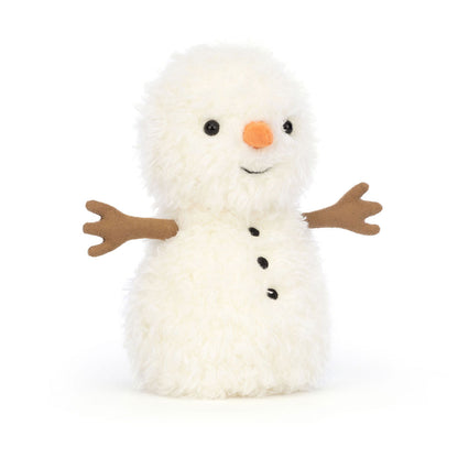 Plush snowman toy with a white body, black buttons, an orange carrot nose, and brown arms on a white background.