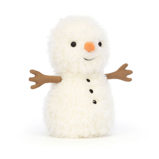 Plush snowman toy with a white body, black buttons, an orange carrot nose, and brown arms on a white background.