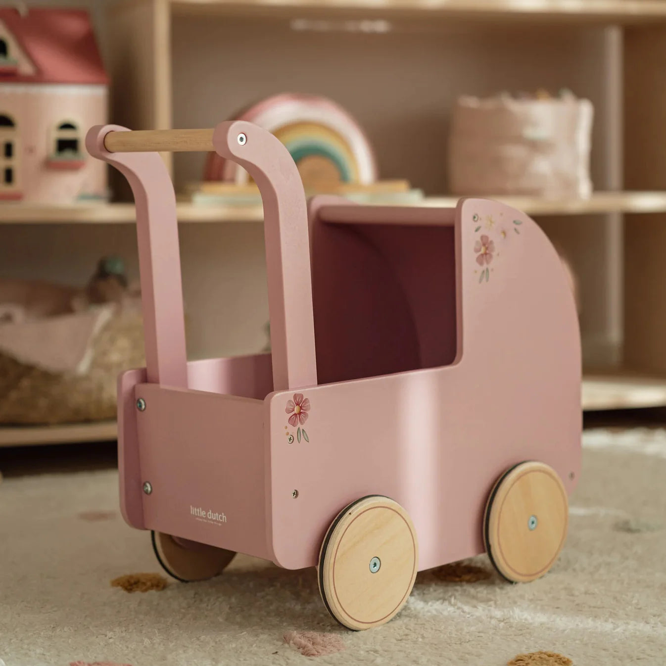 LITTLE DUTCH WOODEN DOLLS PRAM WITH BEDDING