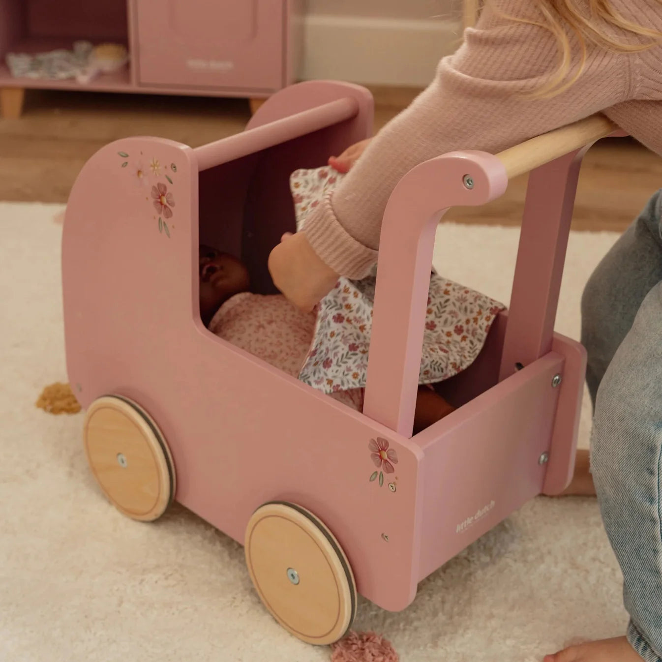 LITTLE DUTCH WOODEN DOLLS PRAM WITH BEDDING