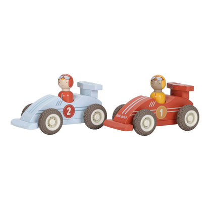 Two toy race cars with drivers on a white background