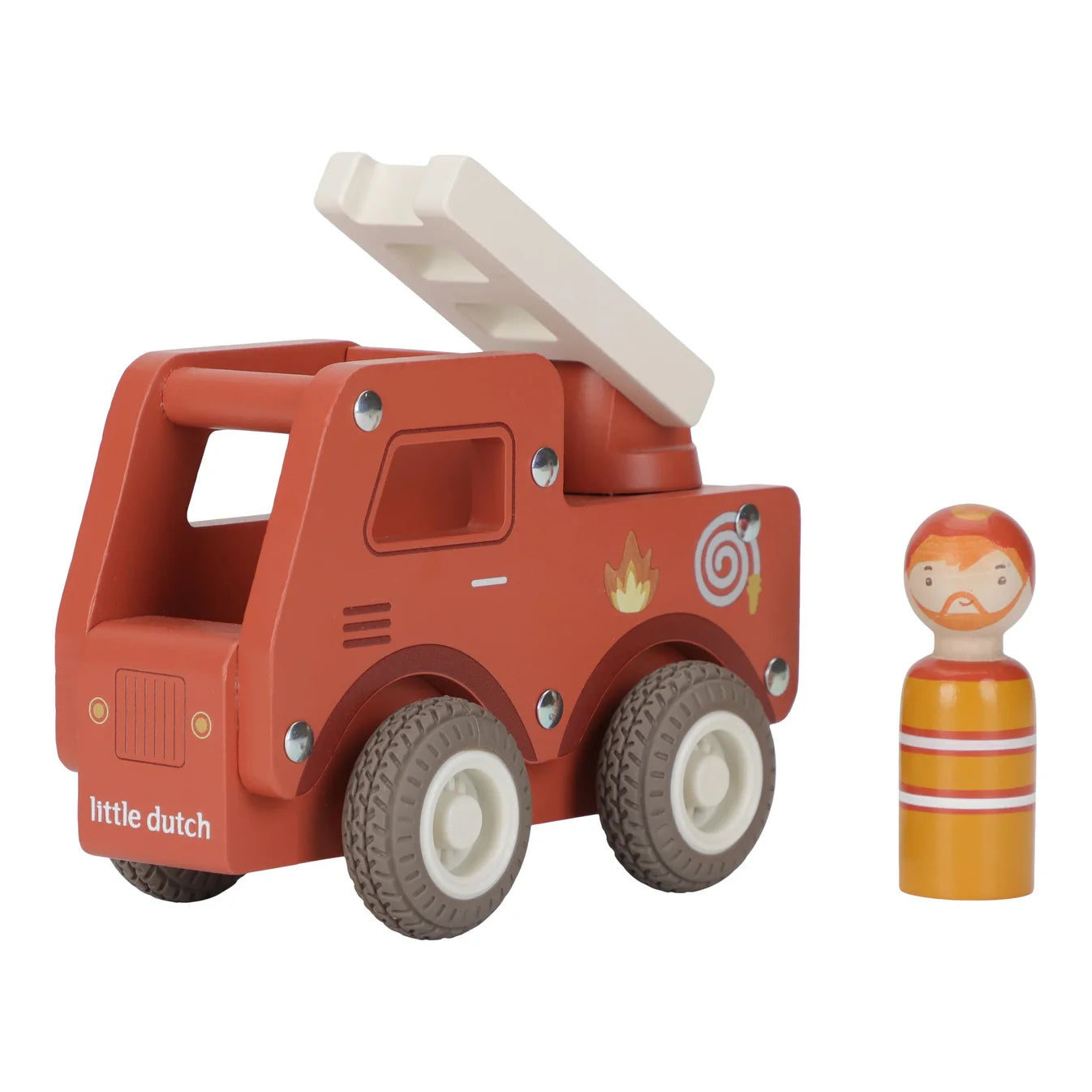 Red toy fire truck with a small figure next to it on a white background