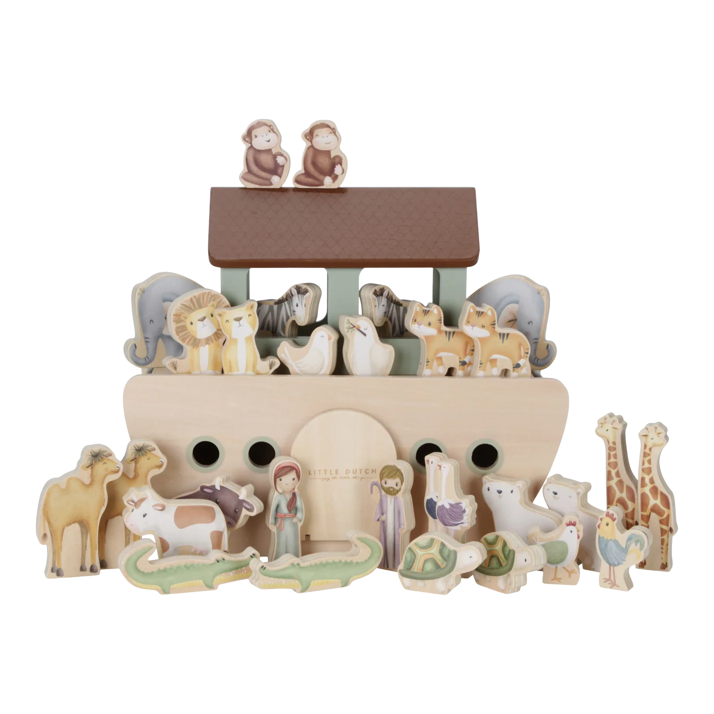 Noah's Ark toy set with various animals and figures on a white background