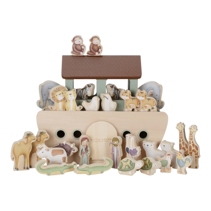 Noah's Ark toy set with various animals and figures on a white background