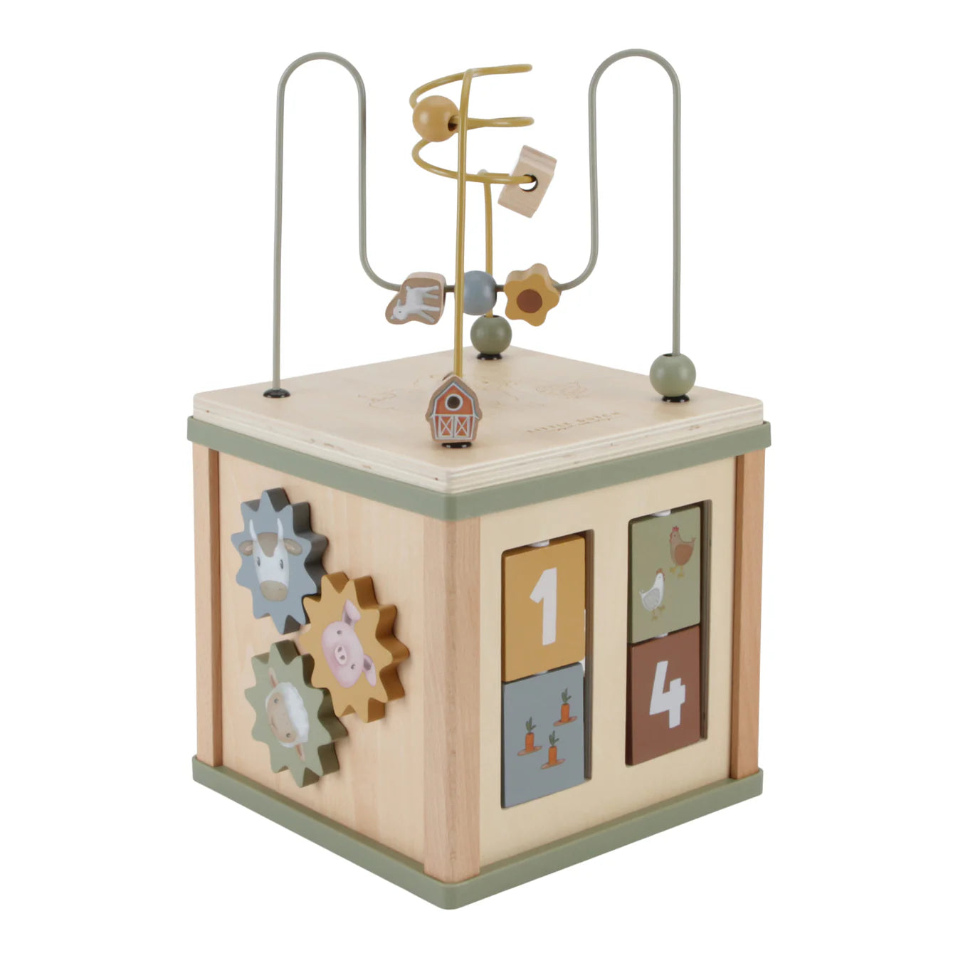 Wooden educational toy with gears and number cards on a white background