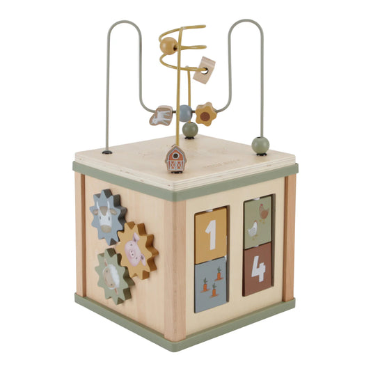 Wooden educational toy with gears and number cards on a white background