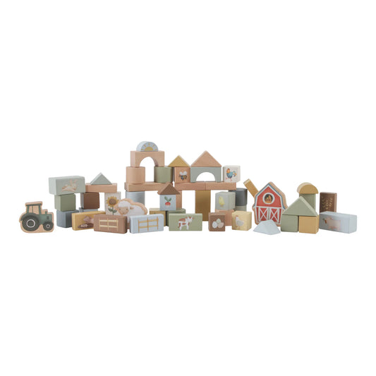 Set of wooden building blocks on a white background