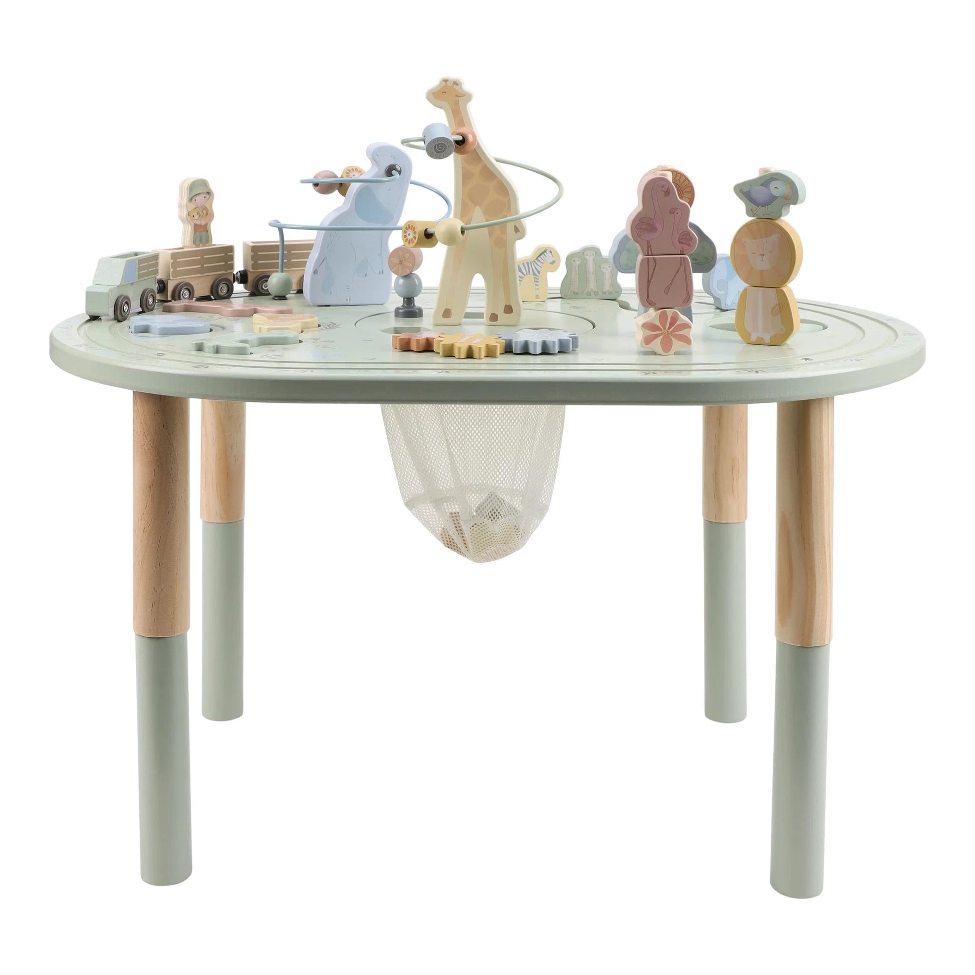 Children's play table with various toys on a white background