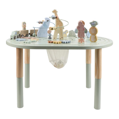 Children's play table with various toys on a white background