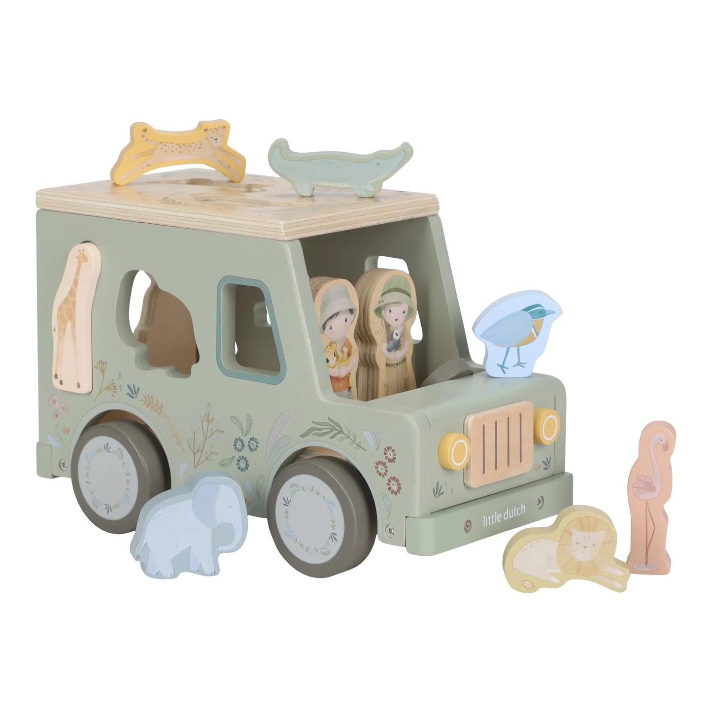 Wooden toy vehicle with animal figures on a white background