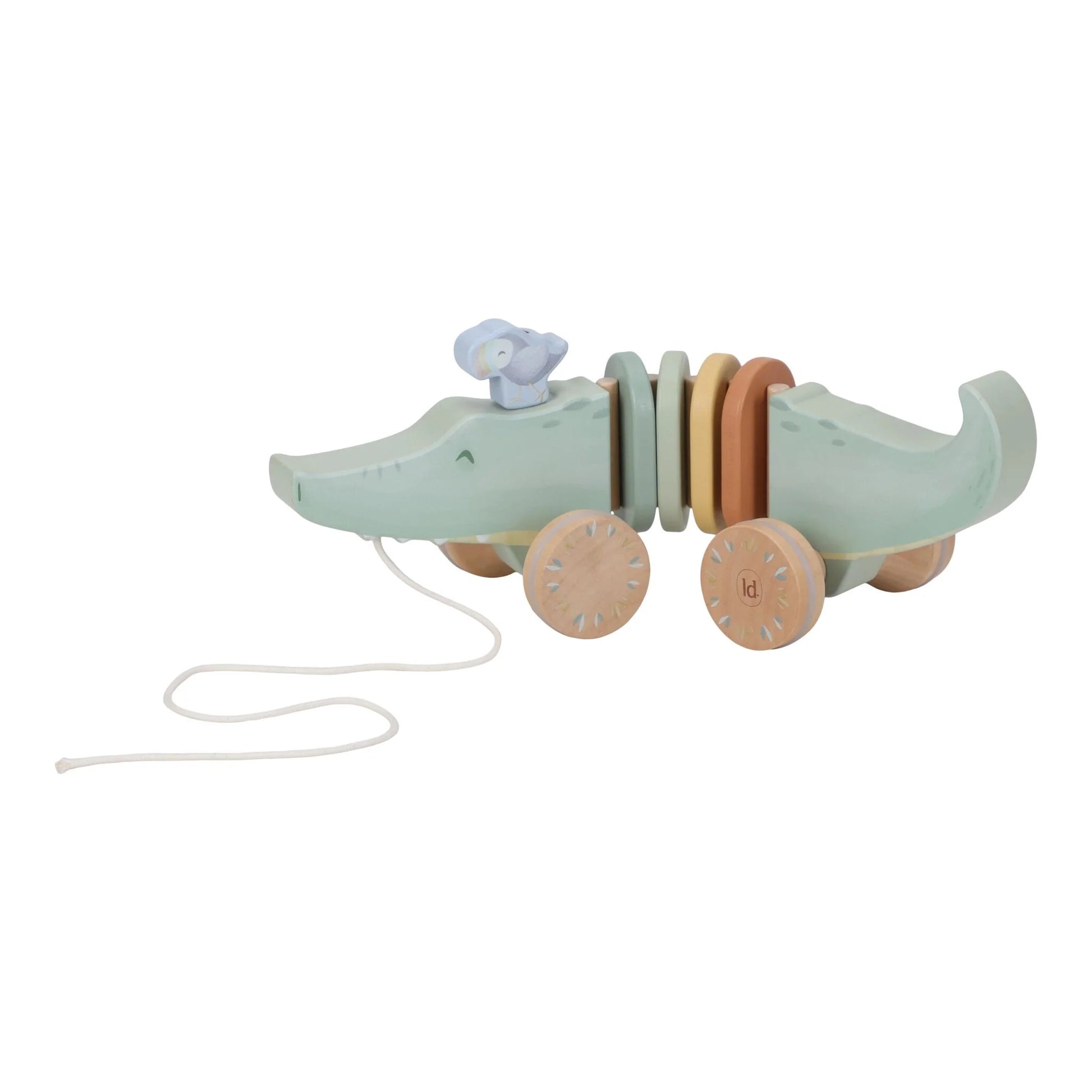 Wooden toy with wheels and a pull string on a white background