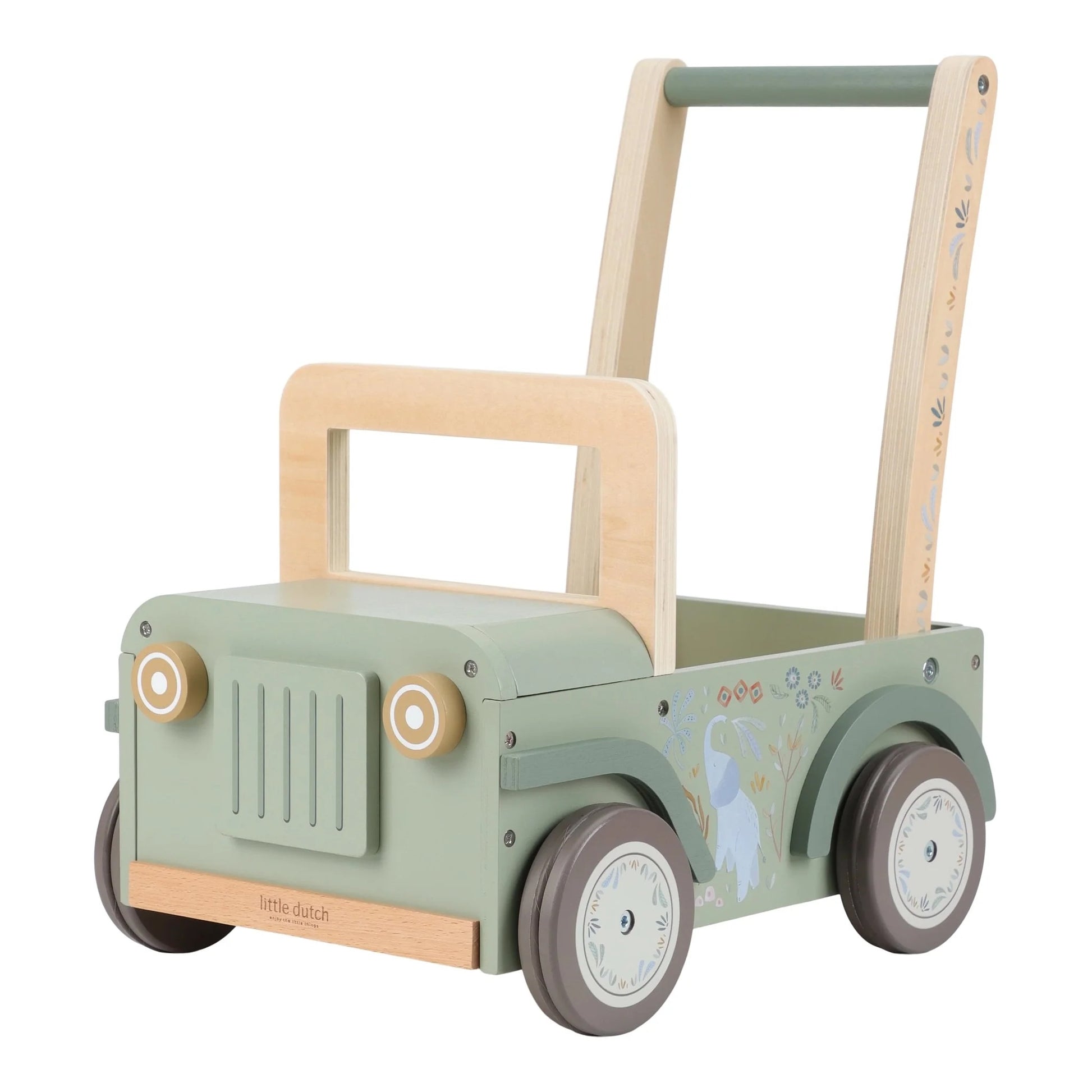 Children's wooden toy car with handle on a white background