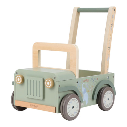 Children's wooden toy car with handle on a white background
