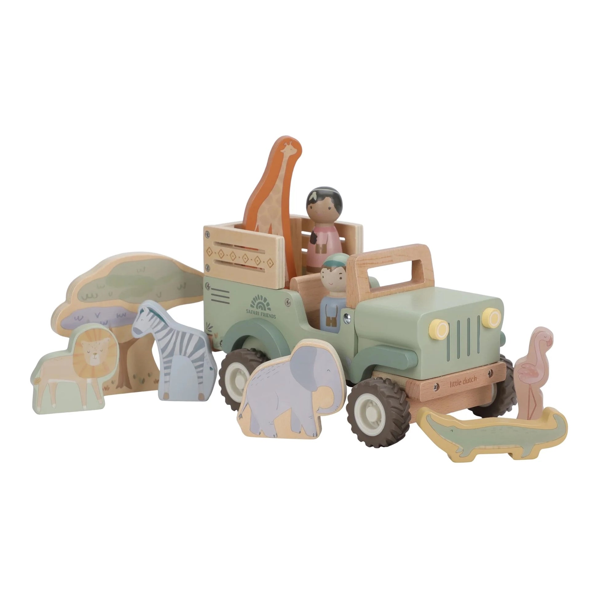 Wooden toy safari vehicle with figures and animal shapes on a white background