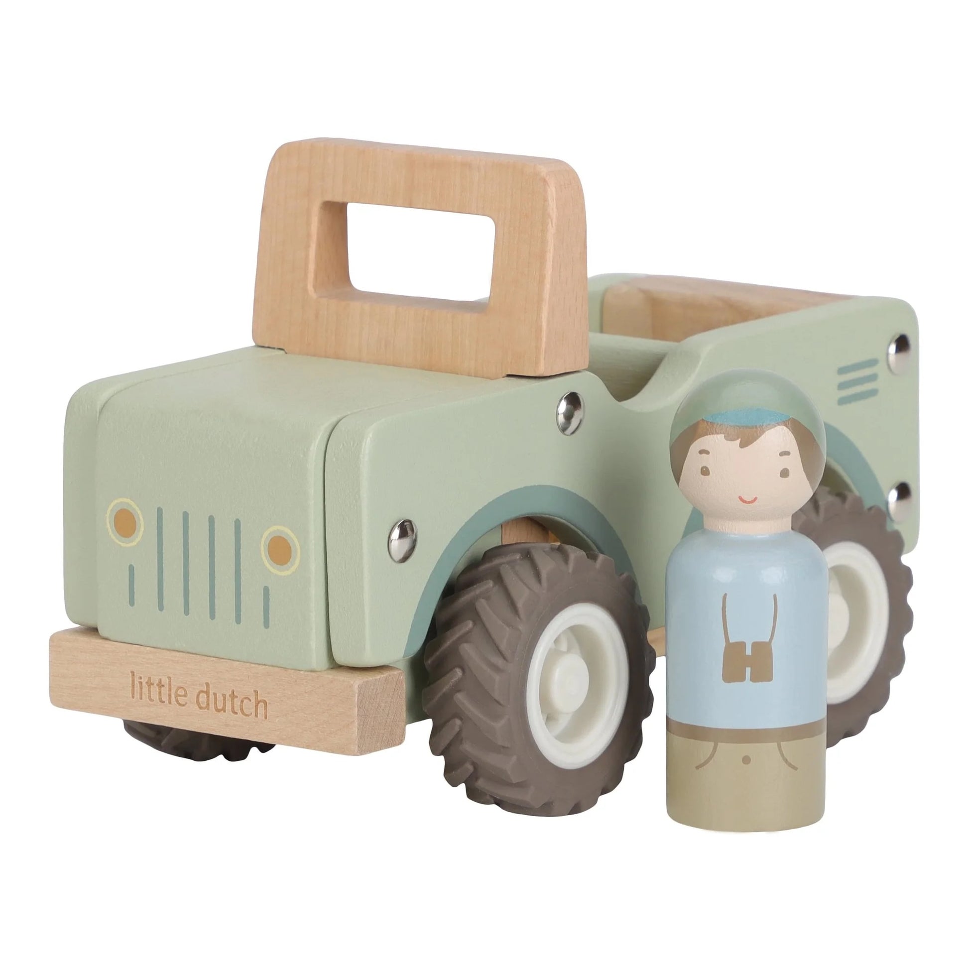 Toy car with a wooden handle and a small figurine of a child, branded 'Little Dutch', on a white background.