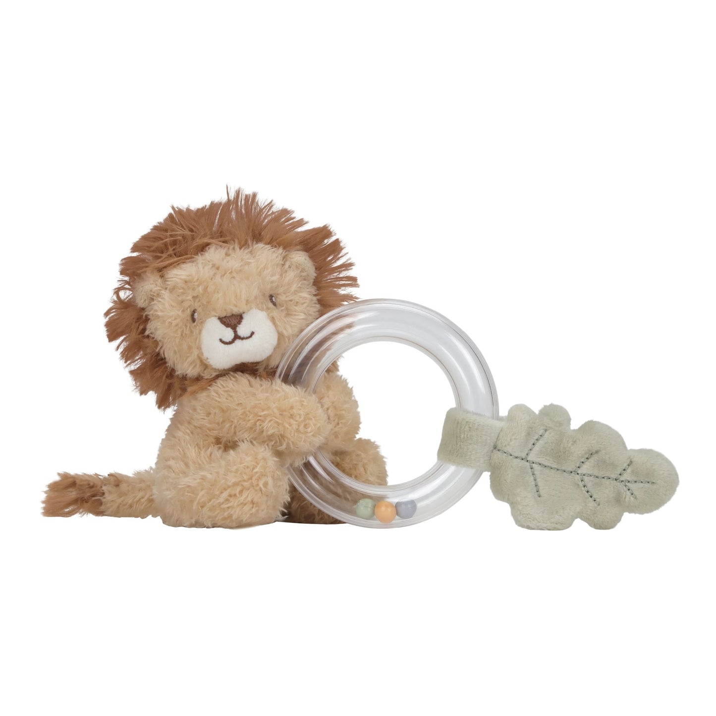 Plush lion toy with a clear ring and green leaf on a white background