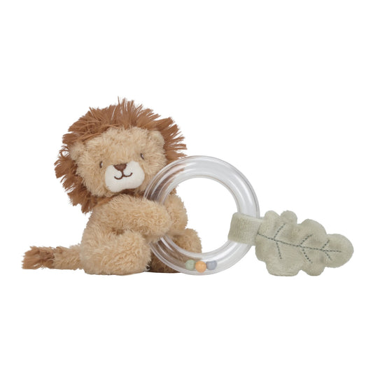 Plush lion toy with a clear ring and green leaf on a white background