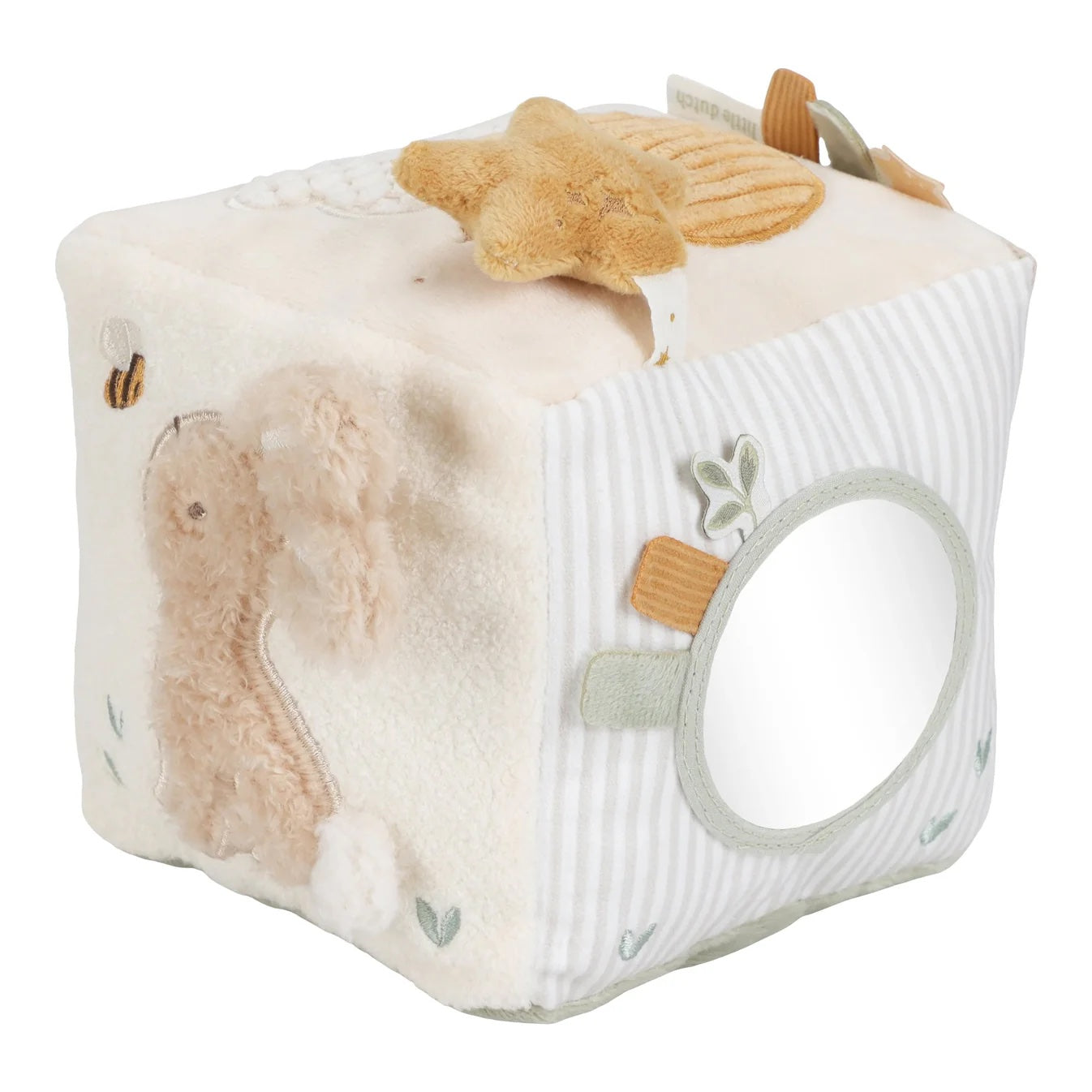 Plush toy cube with a rabbit design on a white background