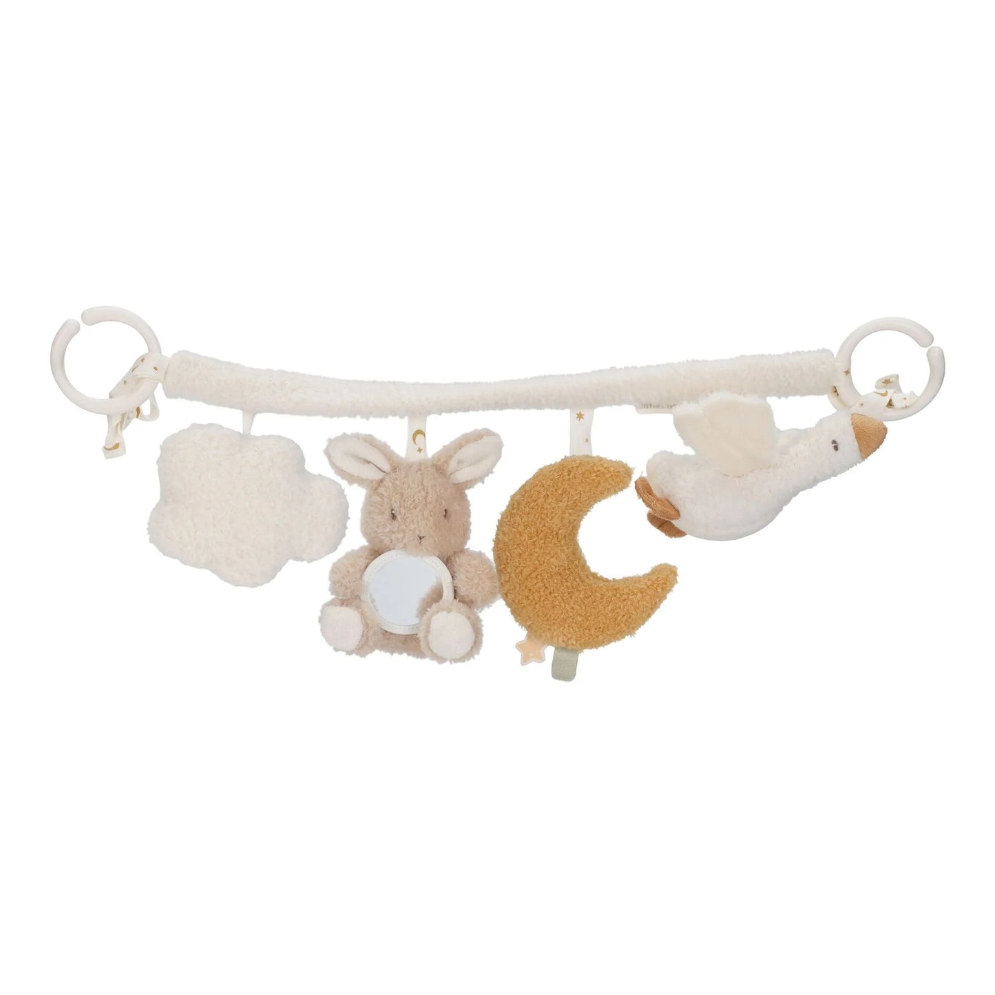 Baby crib mobile with plush toys on a white background