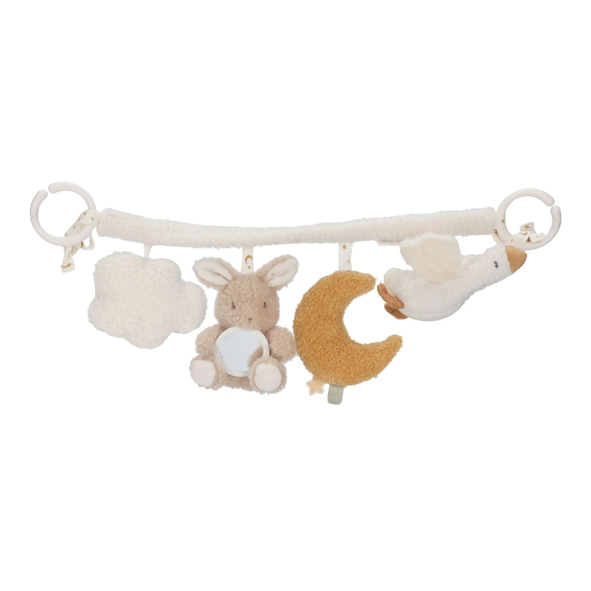 Baby crib mobile with plush toys on a white background