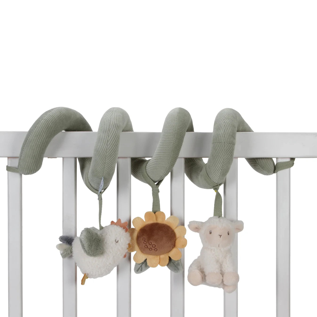 Crib mobile with hanging toys including a bird, sunflower, and sheep on a white background