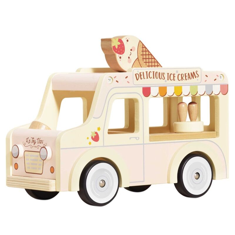 Wooden toy ice cream truck with a white background
