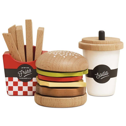 Wooden toy hamburger set with a cup labeled 'Soda' on a white background