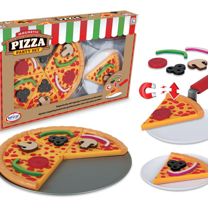 Toy pizza set with packaging, pizza slices, and toy utensils on a white background