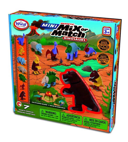 Box of Mini Mix or Match Dinosaurs toy set with colorful dinosaurs and magnetic play area.
