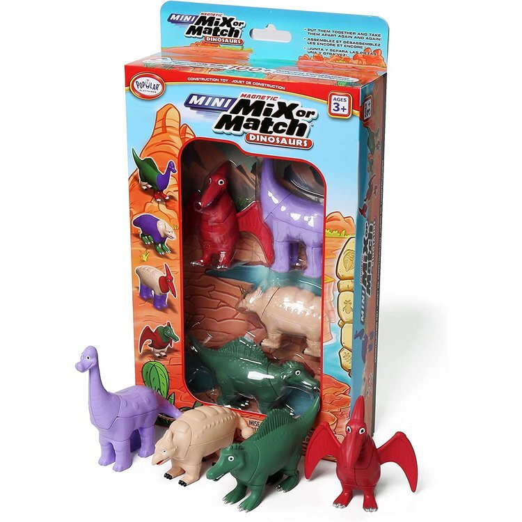 Packaged toy set with colorful dinosaur figures and packaging on a white background