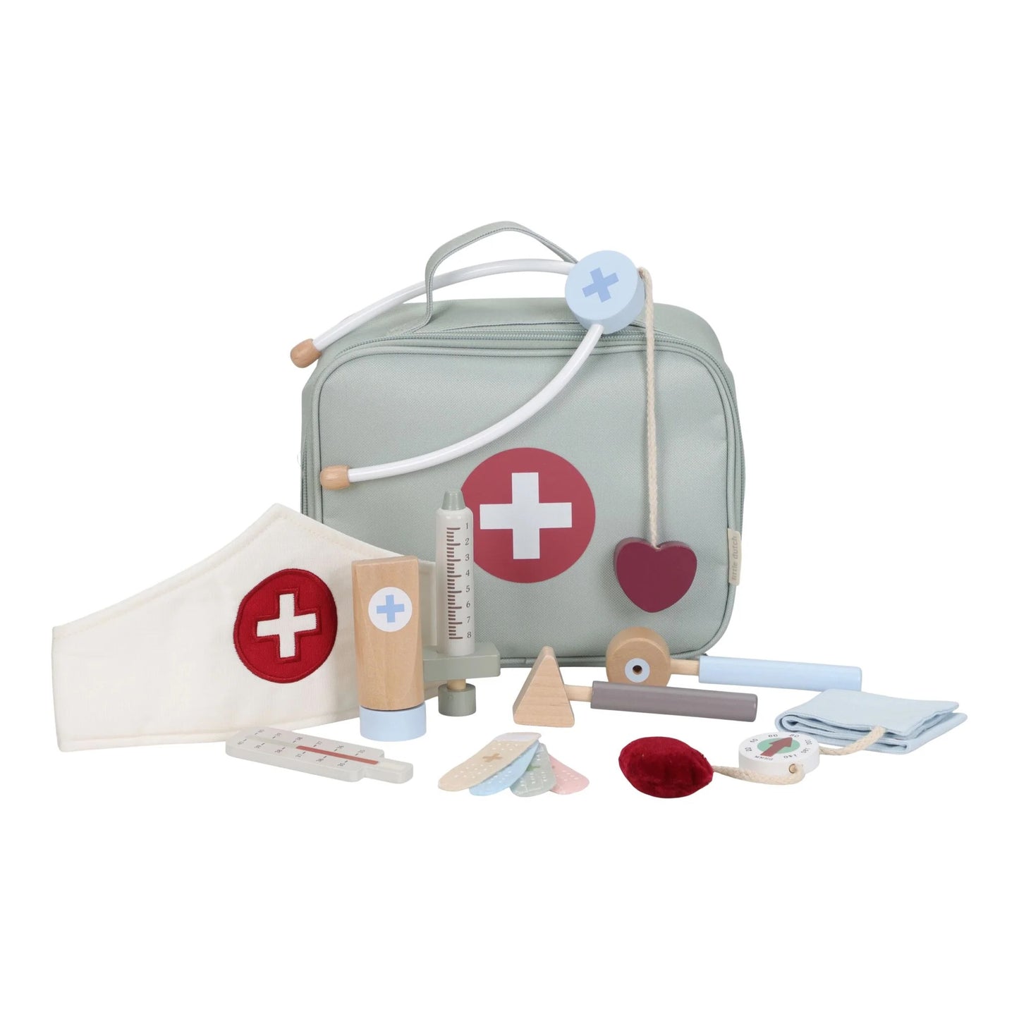 Children's toy medical kit with a green case, stethoscope, and various pretend medical tools on a white background.