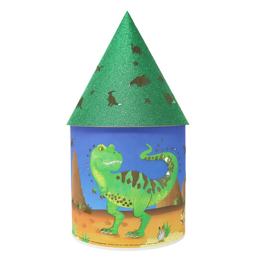 Children's party hat with dinosaur design on a white background