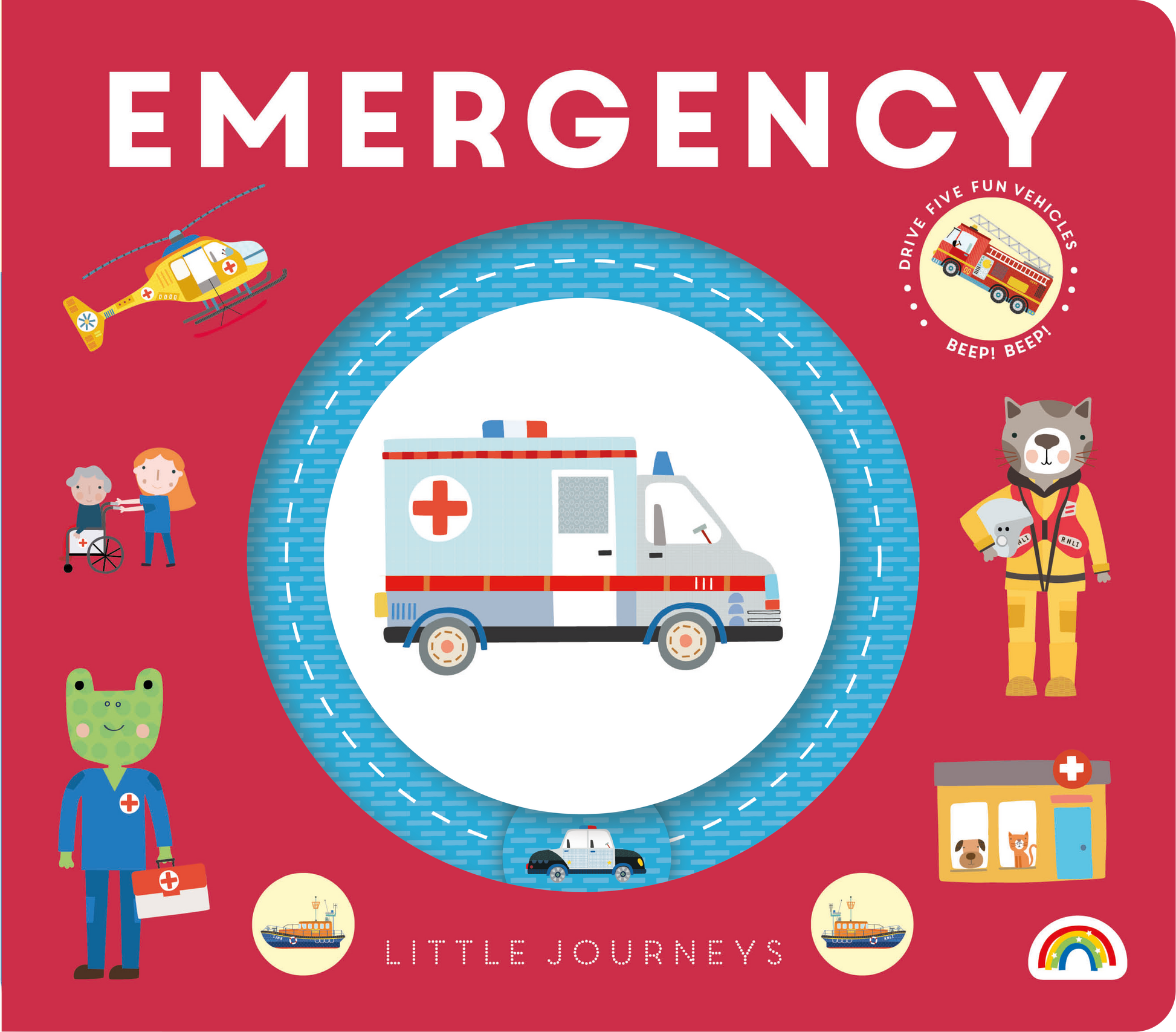Children's book cover titled 'Emergency' with illustrations of emergency vehicles and characters on a red background.