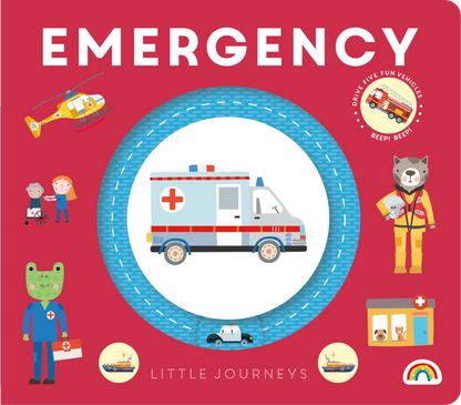 Children's book cover titled 'Emergency' with illustrations of emergency vehicles and characters on a red background.