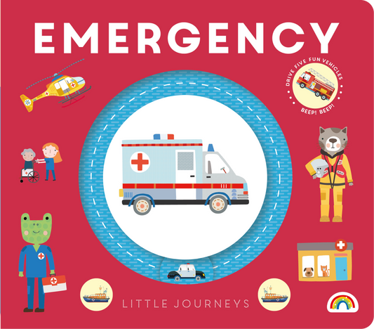 Children's book cover titled 'Emergency' with illustrations of emergency vehicles and characters on a red background.