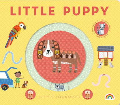 Book cover of 'Little Puppy' from 'Little Journeys' series with a dog illustration on a yellow background.