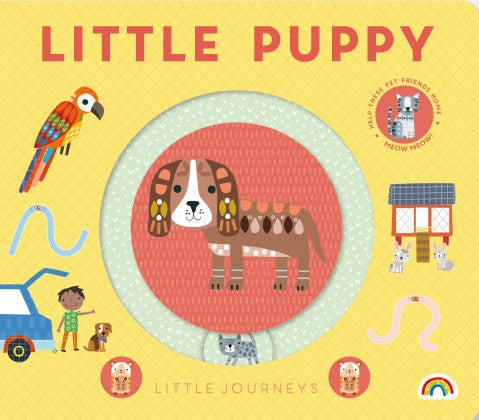 Book cover of 'Little Puppy' from 'Little Journeys' series with a dog illustration on a yellow background.
