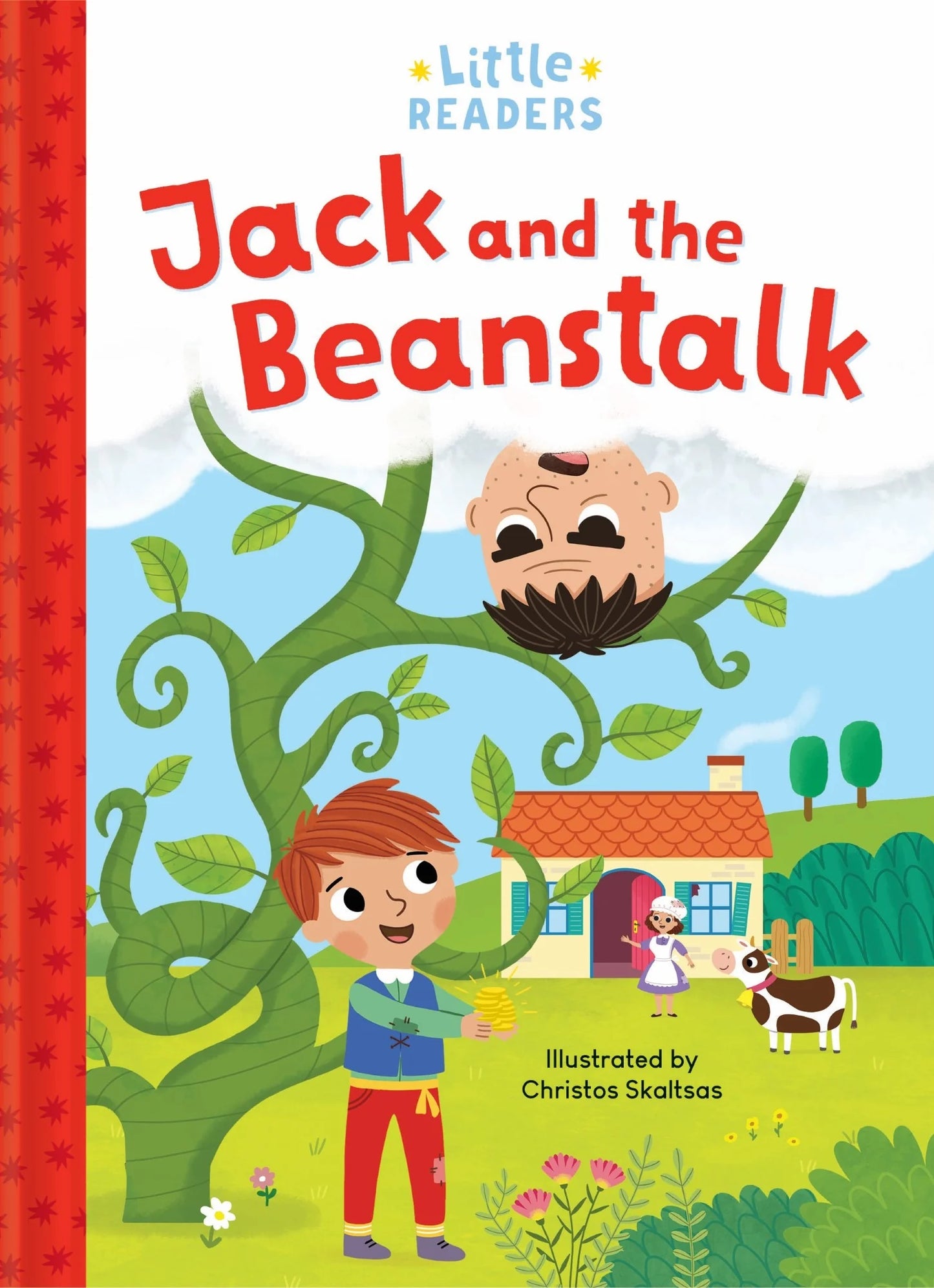Book cover of 'Jack and the Beanstalk' with a red spine and colorful illustration of a boy, girl, and cow near a house.