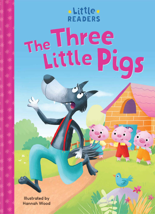 Book cover of 'The Three Little Pigs' with a cartoon wolf and pigs on a colorful background