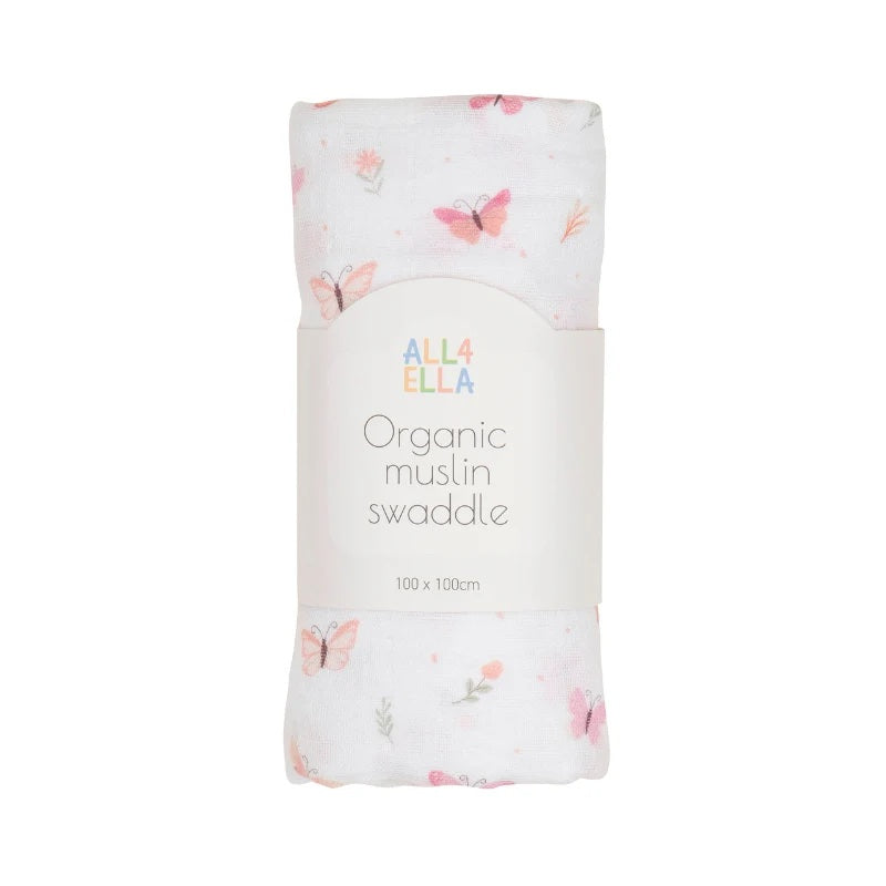 Folded organic muslin swaddle with butterfly pattern and 'Alla Ella' branding on a white background