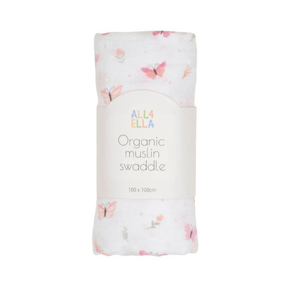 Folded organic muslin swaddle with butterfly pattern and 'Alla Ella' branding on a white background