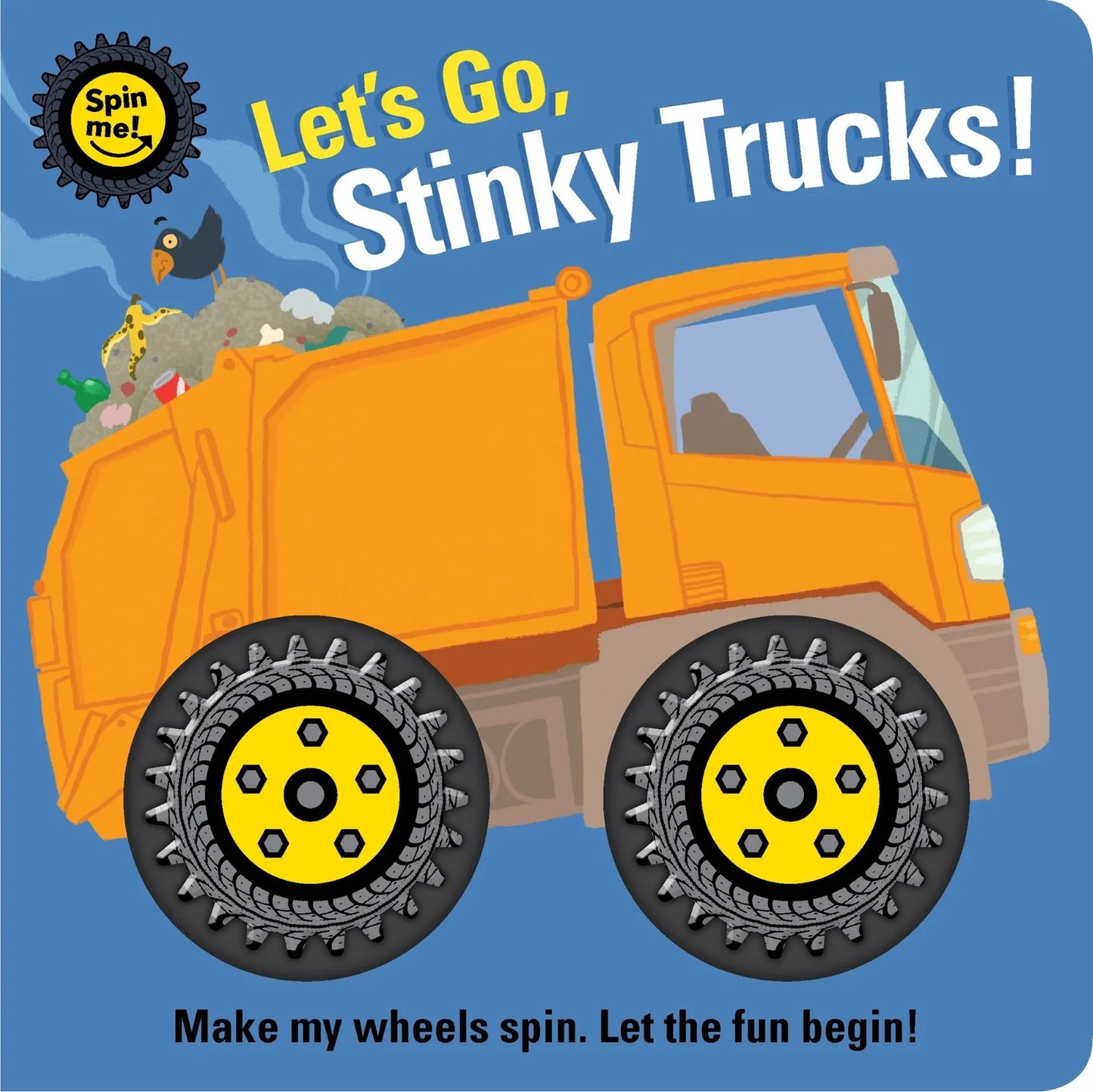 Book cover of 'Let's Go, Stinky Trucks!' with an orange dump truck on a blue background.